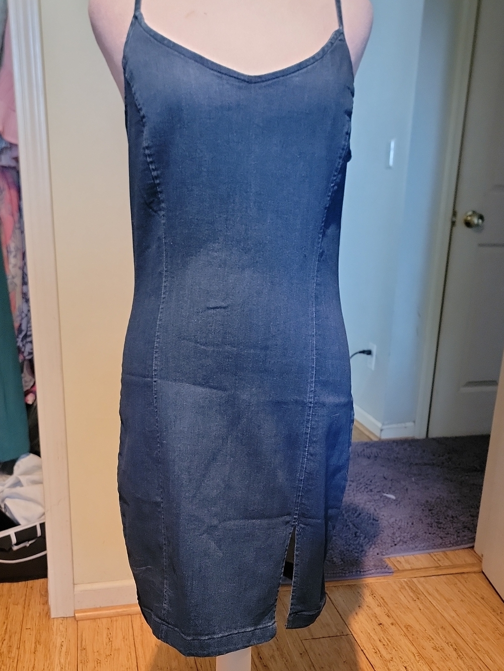 Slim Denim Midi Slip Dress in Blue - Women's Strappy Dress
